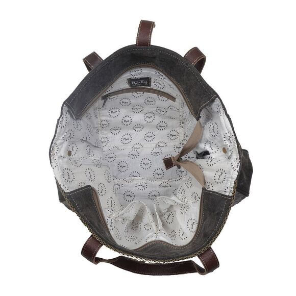 Myra Bag Handmade Stygian Backpack Upcycled Canvas & Cowhide Leather - Picture 4 of 6